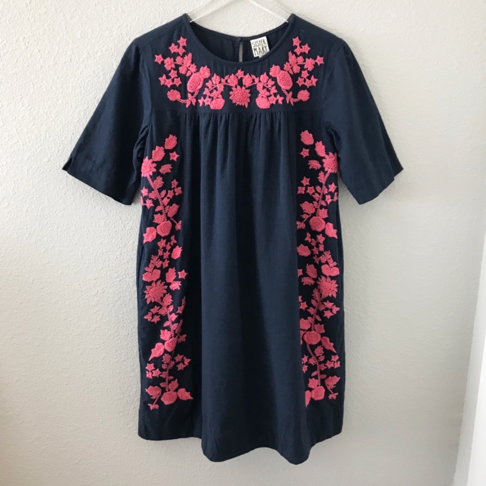 Sister Mary Embroidered Floral Cotton Dress Size S Navy Pink Pockets Gathered
